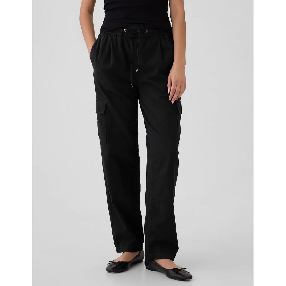 New Gap Cargo Pants Medium Mid Rise Black Broken Twill Pull-On Elastic Waist